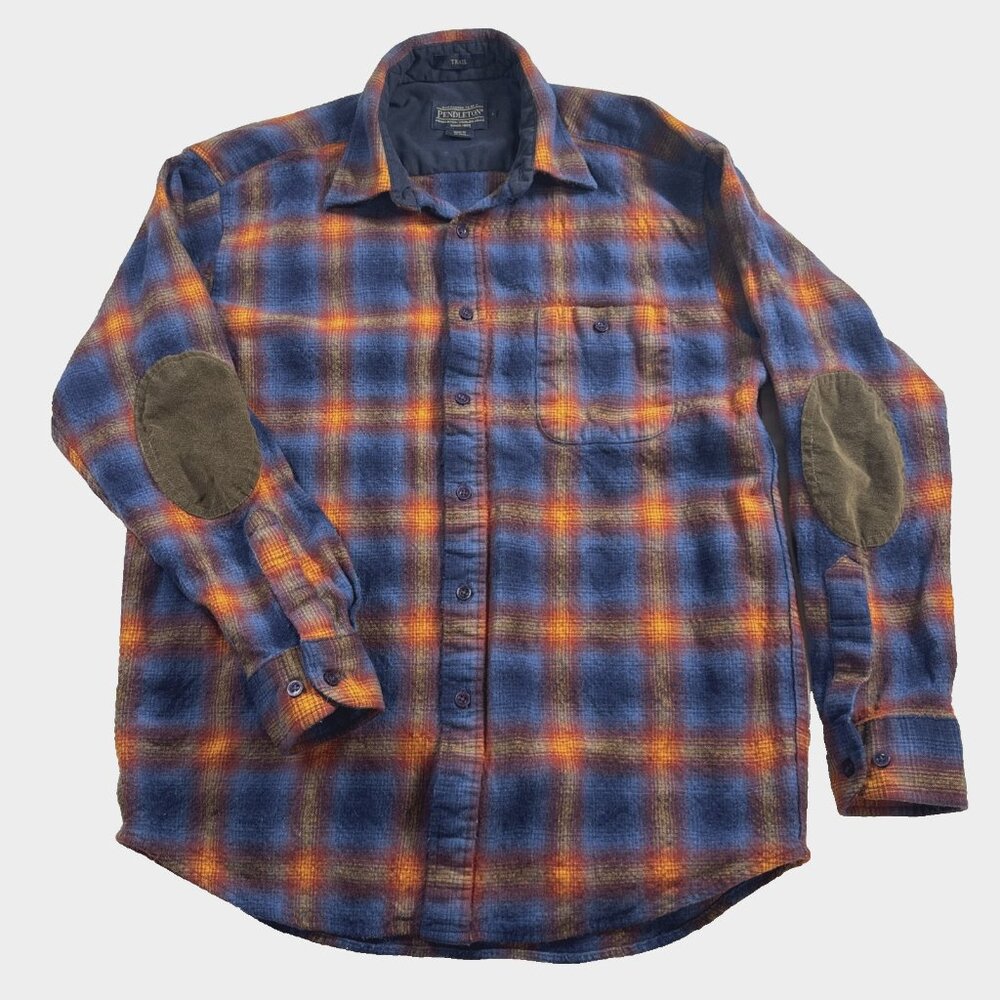 Mens Pendleton Blue Orange Shadow Plaid Trail Shirt Elbow Patch Pad Size Large